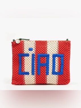 ‼️RARE‼️🎸Clare V.🎸🔥NWT🔥CIAO Clutch with Tabs, Cream/Bright Poppy Crochet Stripe